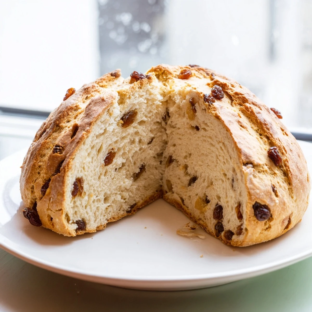Golden-crusted St. Patricks Day Irish Soda Bread with raisins, served warm with Irish butter on a rustic wooden board.