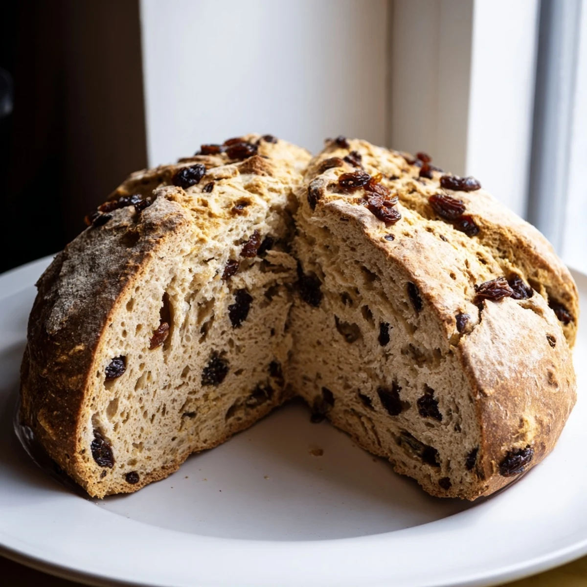 Freshly baked St. Patricks Day Irish Soda bread with a deep cross cut, cooling on a wire rack next to jam.