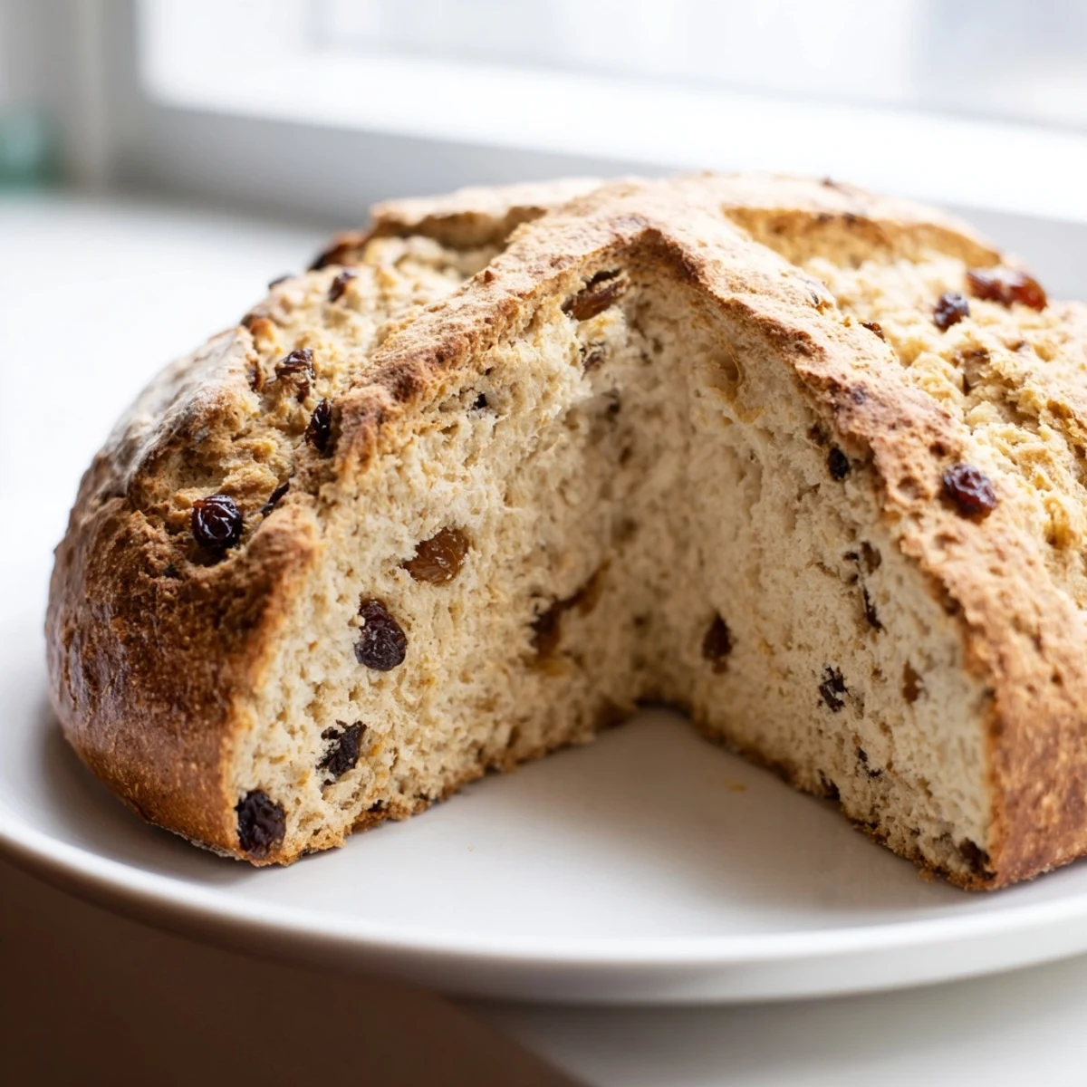 Rustic St. Patricks Day Irish Soda Bread loaf with tender crumb and golden crust, sliced to reveal plump raisins inside.