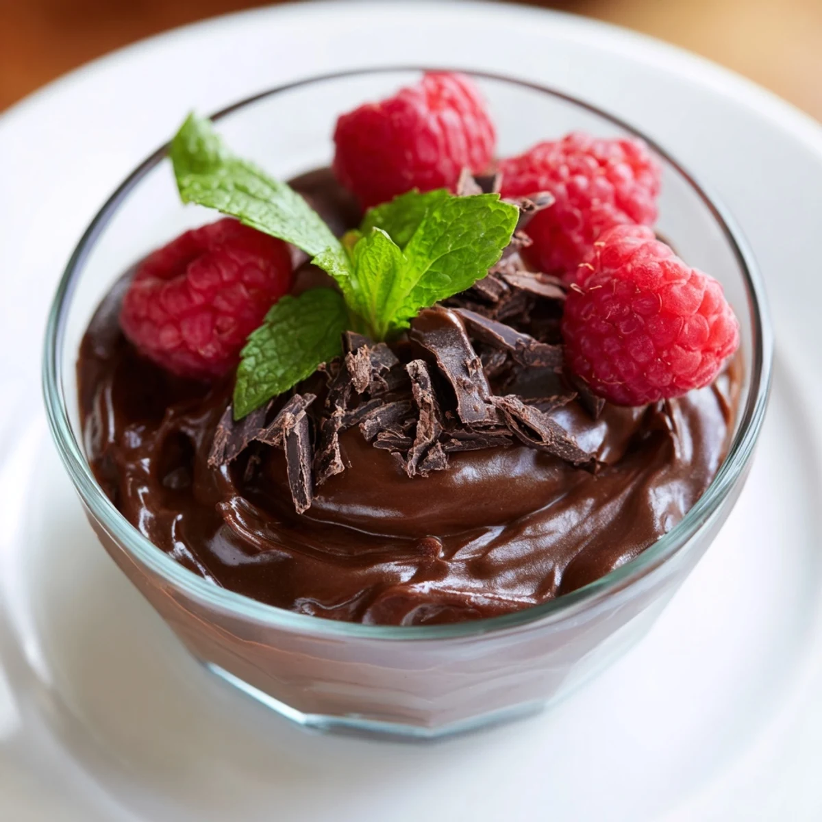 Creamy Valentine Chocolate Mousse in a glass, topped with fresh raspberries and shaved chocolate for a romantic, indulgent treat.  