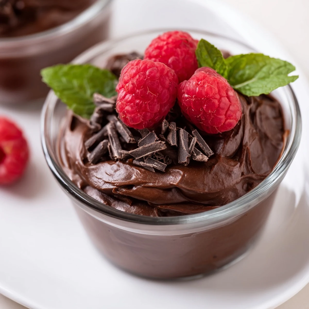 Elegant Valentine Chocolate Mousse served in a clear ramekin, garnished with mint leaves and a delicate chocolate curl on top.  