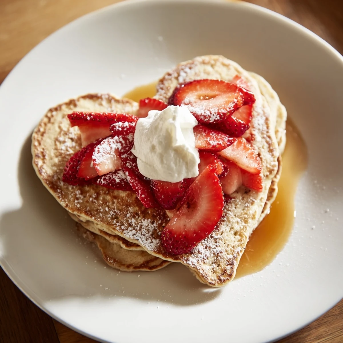 Fluffy, heart-shaped Valentine Breakfast Pancakes topped with fresh strawberries and whipped cream on a romantic breakfast plate.