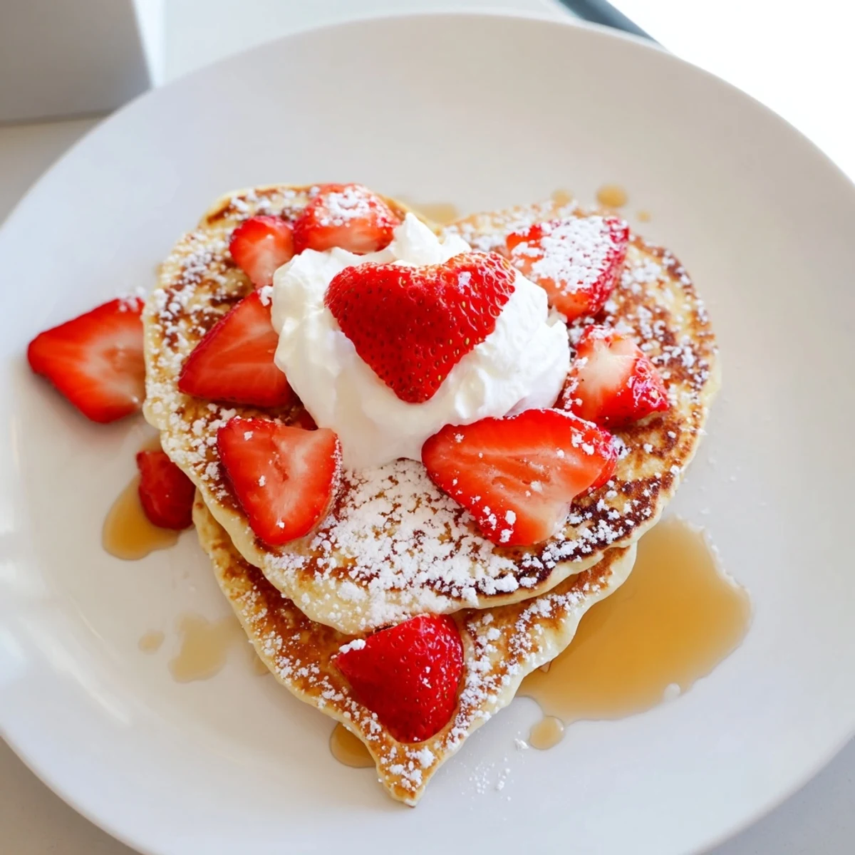 Golden-brown Valentine Breakfast Pancakes with strawberries and syrup, ready to serve for a sweet morning celebration.