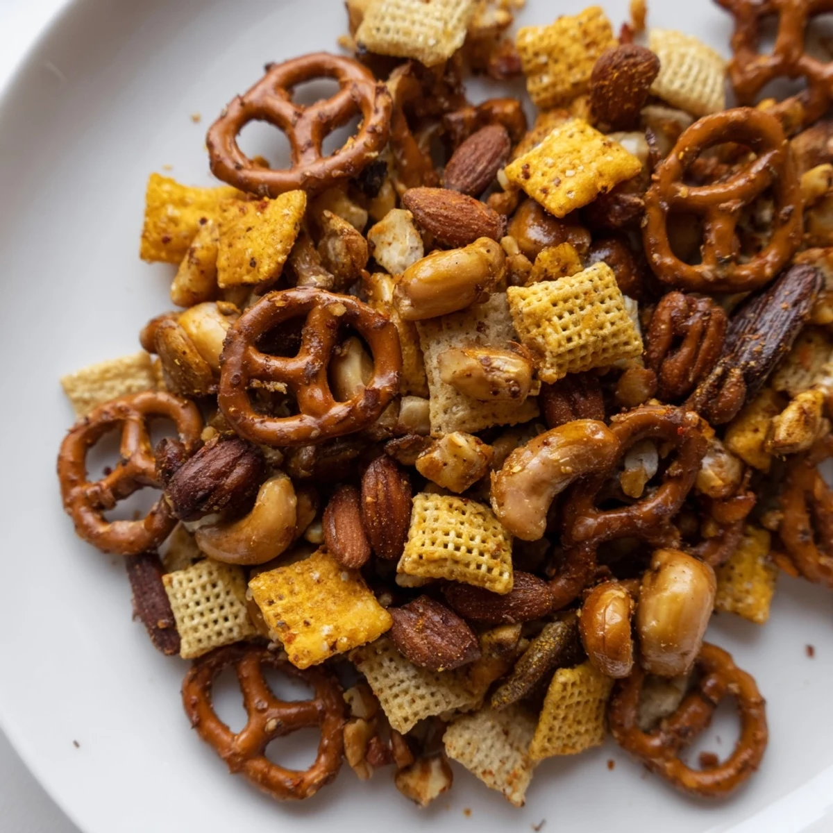 Golden-brown Super Bowl Snack Mix with Nuts and Pretzels cooling on a parchment-lined tray, ready for the game day spread.