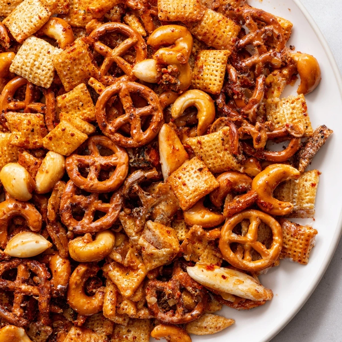 Hearty Super Bowl Snack Mix with Nuts and Pretzels in a rustic serving bowl, perfect for casual snacking during the fourth quarter.