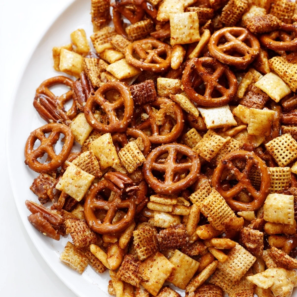 Savory Super Bowl Snack Mix with Nuts and Pretzels on a baking sheet, showcasing crunchy pretzels, nuts, and toasted cereal squares.