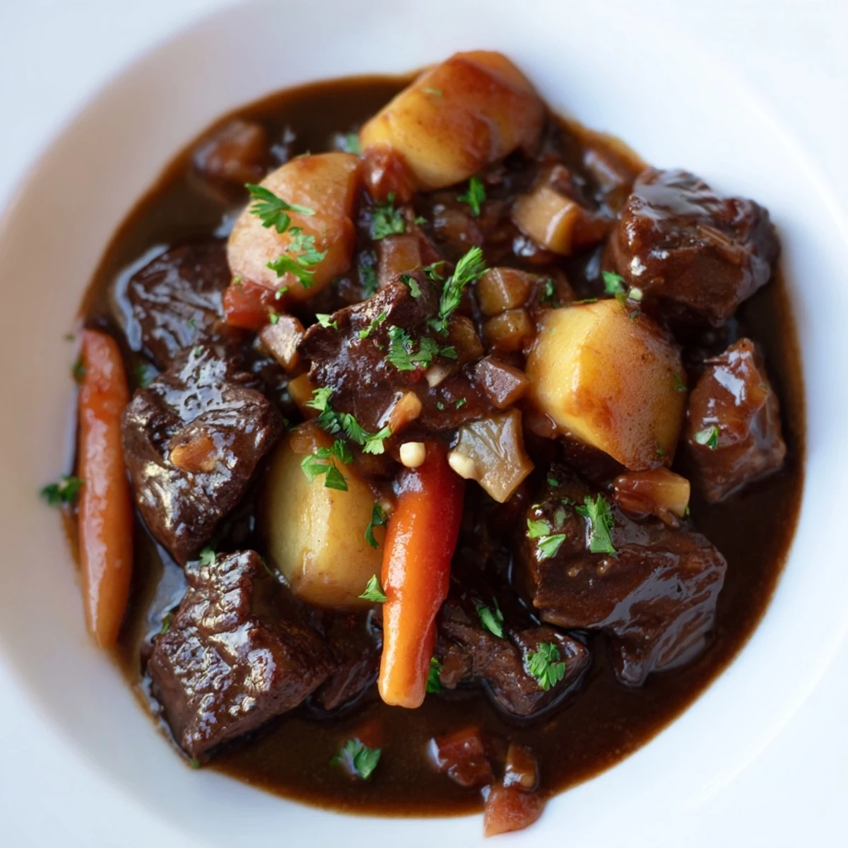 Steaming hot Guinness-Style Alcohol-Free Beef Stew in a rustic bowl with crusty bread.