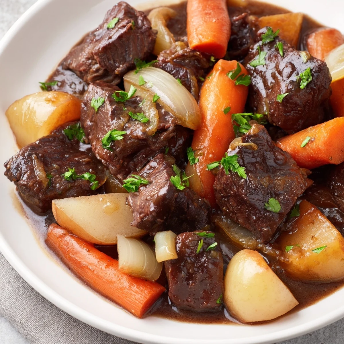 Rich Guinness-Style Alcohol-Free Beef Stew ladled over creamy mashed potatoes, garnished with parsley.