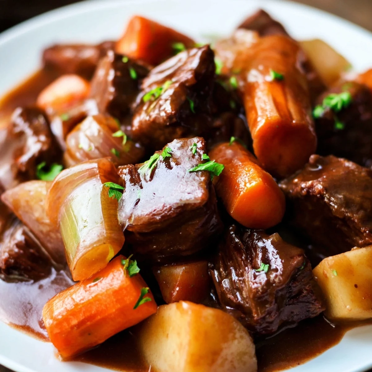 Tender beef chunks and root vegetables simmered in dark, alcohol-free Guinness-Style Beef Stew.