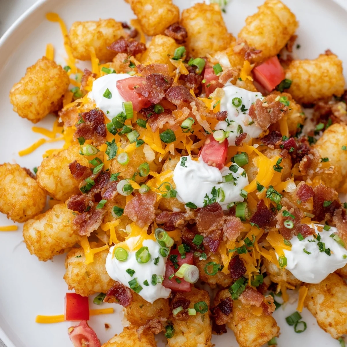 Loaded Tater Tots with Cheese and Beef Bacon topped with sour cream and fresh chives on a rustic platter.