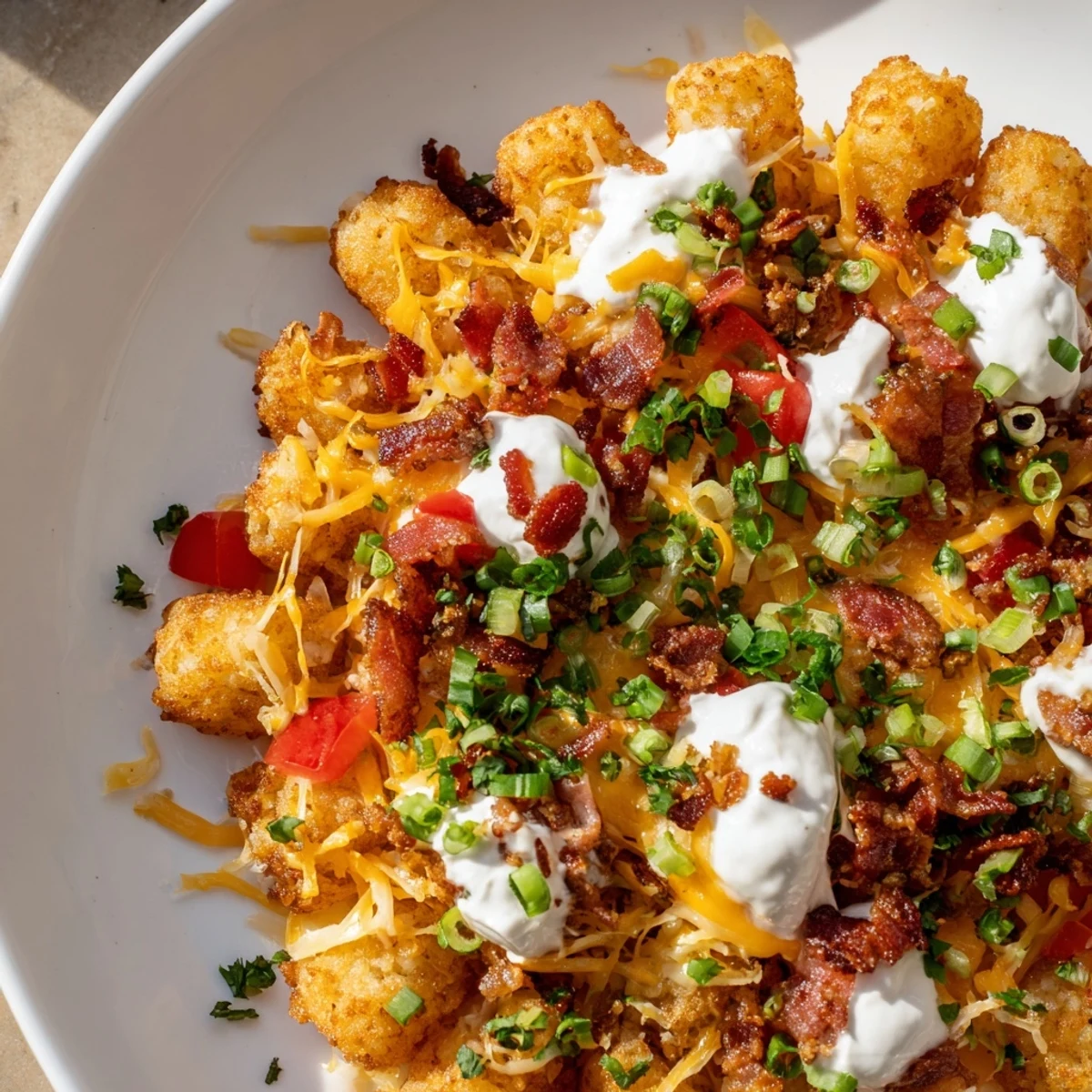 Crispy Loaded Tater Tots with Cheese and Beef Bacon served hot, perfect for game day parties.