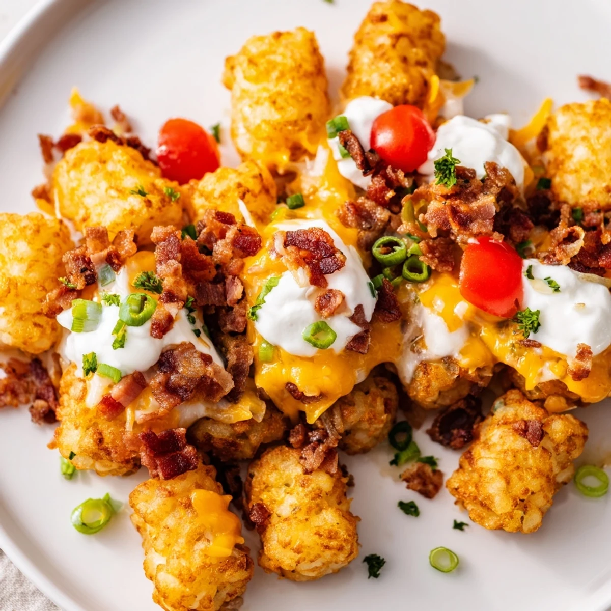 Fresh from the oven, golden Loaded Tater Tots with Cheese and Beef Bacon and melted cheddar.