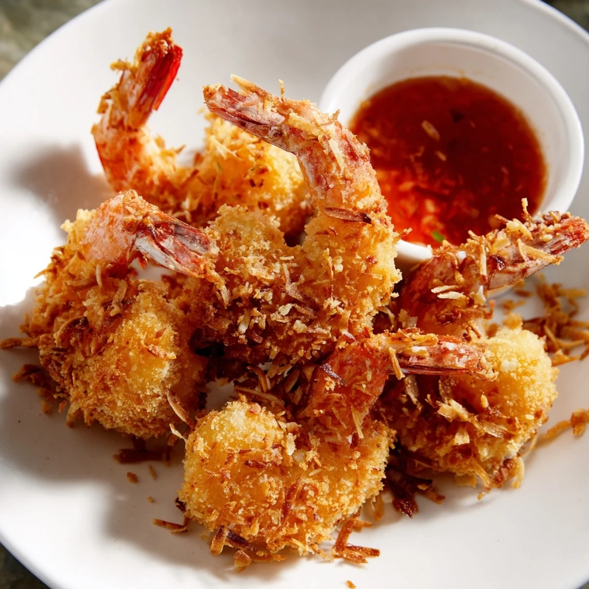 Crispy Coconut Shrimp with Sweet Chili Sauce served golden and crunchy on a platter with lime wedges and fresh cilantro garnish.