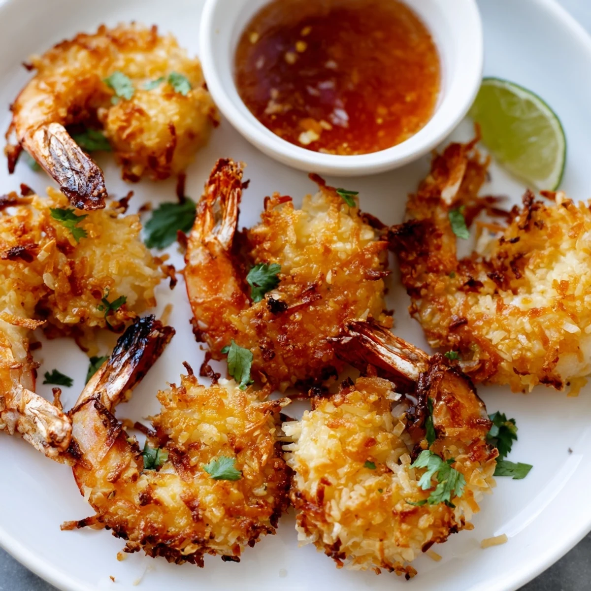 A close-up of Crispy Coconut Shrimp with Sweet Chili Sauce highlighting the toasted coconut and panko crust next to a small dipping bowl.