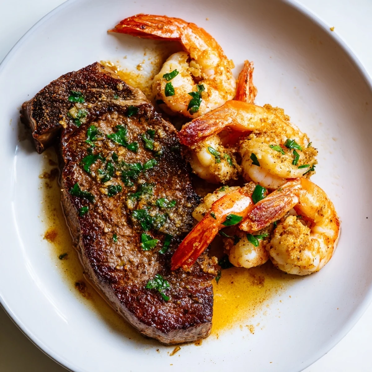Golden seared Romantic Surf and Turf Steak and Shrimp glistening with garlic butter and fresh herbs on a plate.