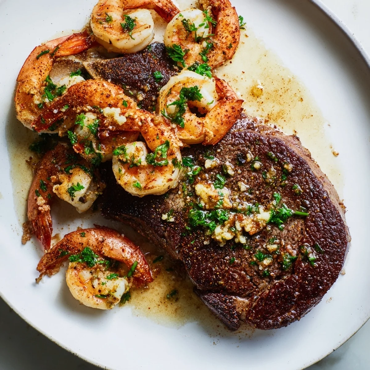 A plated Romantic Surf and Turf Steak and Shrimp with tender steak, shrimp, and asparagus for a romantic dinner.