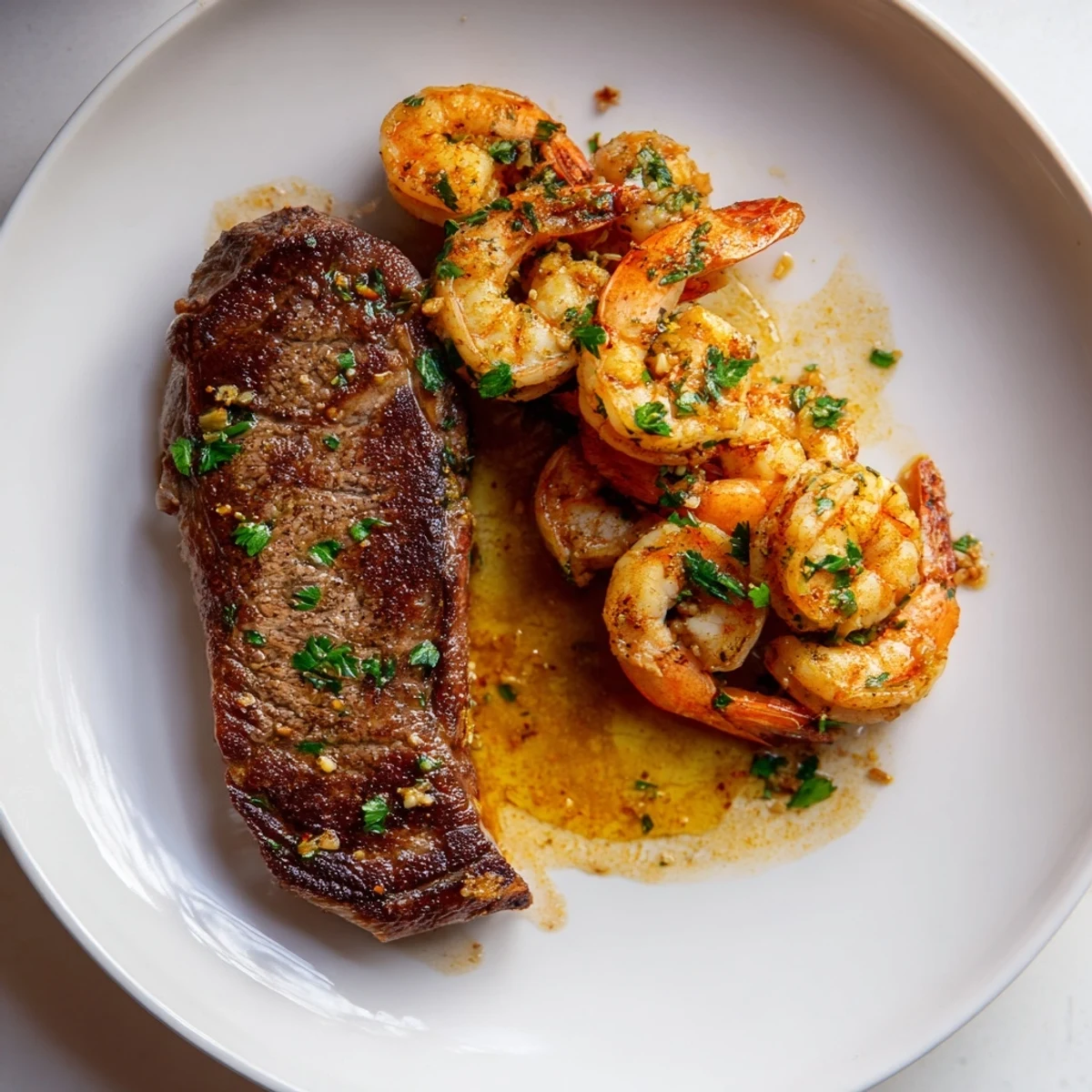 Close-up Romantic Surf and Turf Steak and Shrimp with juicy steak and garlic butter shrimp beside a glass of wine.