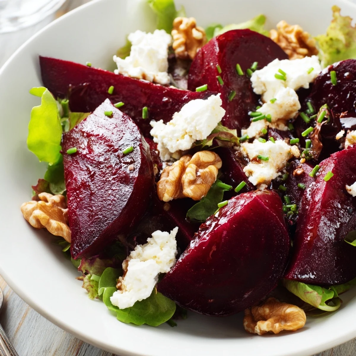 Tender, ruby-red beets and tangy goat cheese top fresh greens in this Roasted Beet and Goat Cheese Salad with Walnuts, ready to serve.