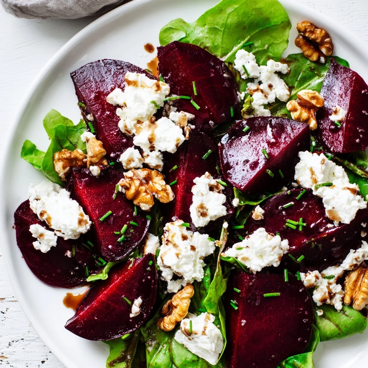 A close-up of jewel-toned beets, golden toasted walnuts, and white goat cheese on dark greens for a vibrant Roasted Beet and Goat Cheese Salad with Walnuts.