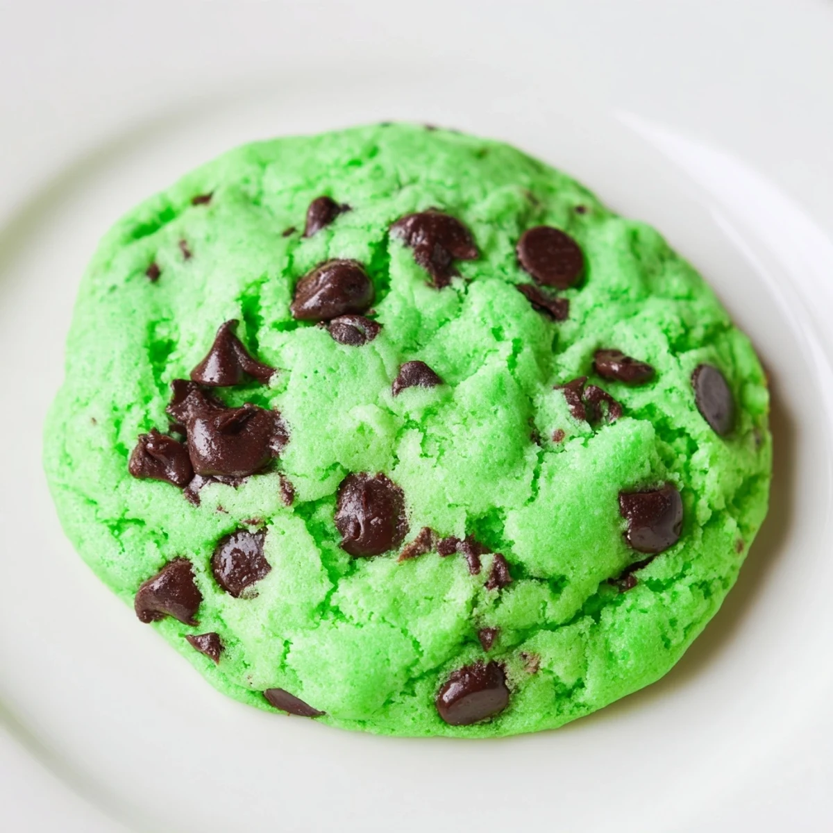 Freshly baked Mint Chocolate Chip Cookies on a wire rack, with vibrant green dough and melty semi-sweet chocolate chips.