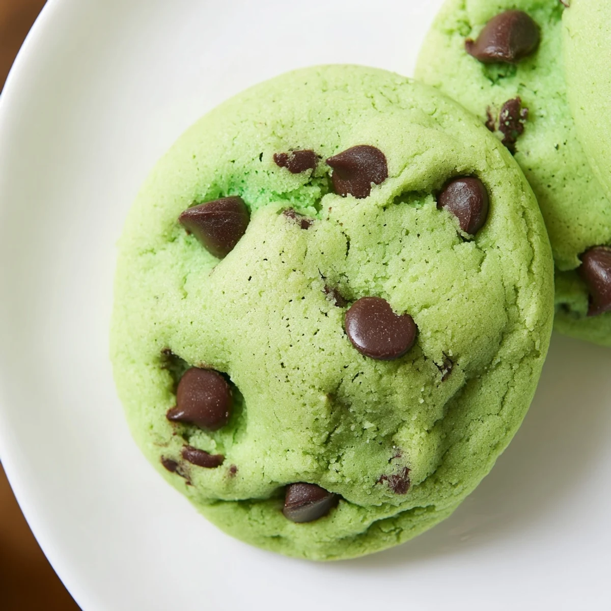 A plate of Mint Chocolate Chip Cookies is served with a tall glass of cold milk and fresh mint sprigs.
