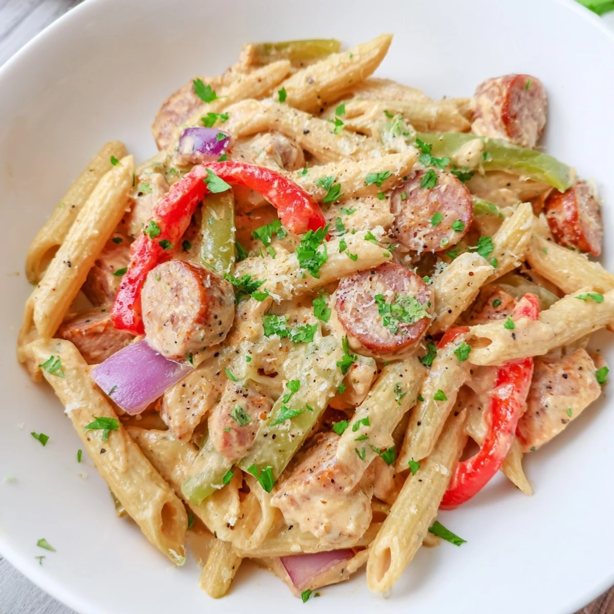 A close-up of Jambalaya Pasta tossed with penne, chicken, sausage, and colorful sautéed vegetables, finished with parsley.
