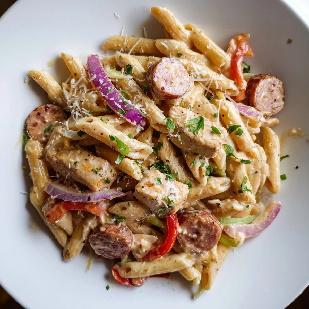 A hearty serving of Jambalaya Pasta, smoky sausage and tender chicken over penne in a creamy Cajun sauce.