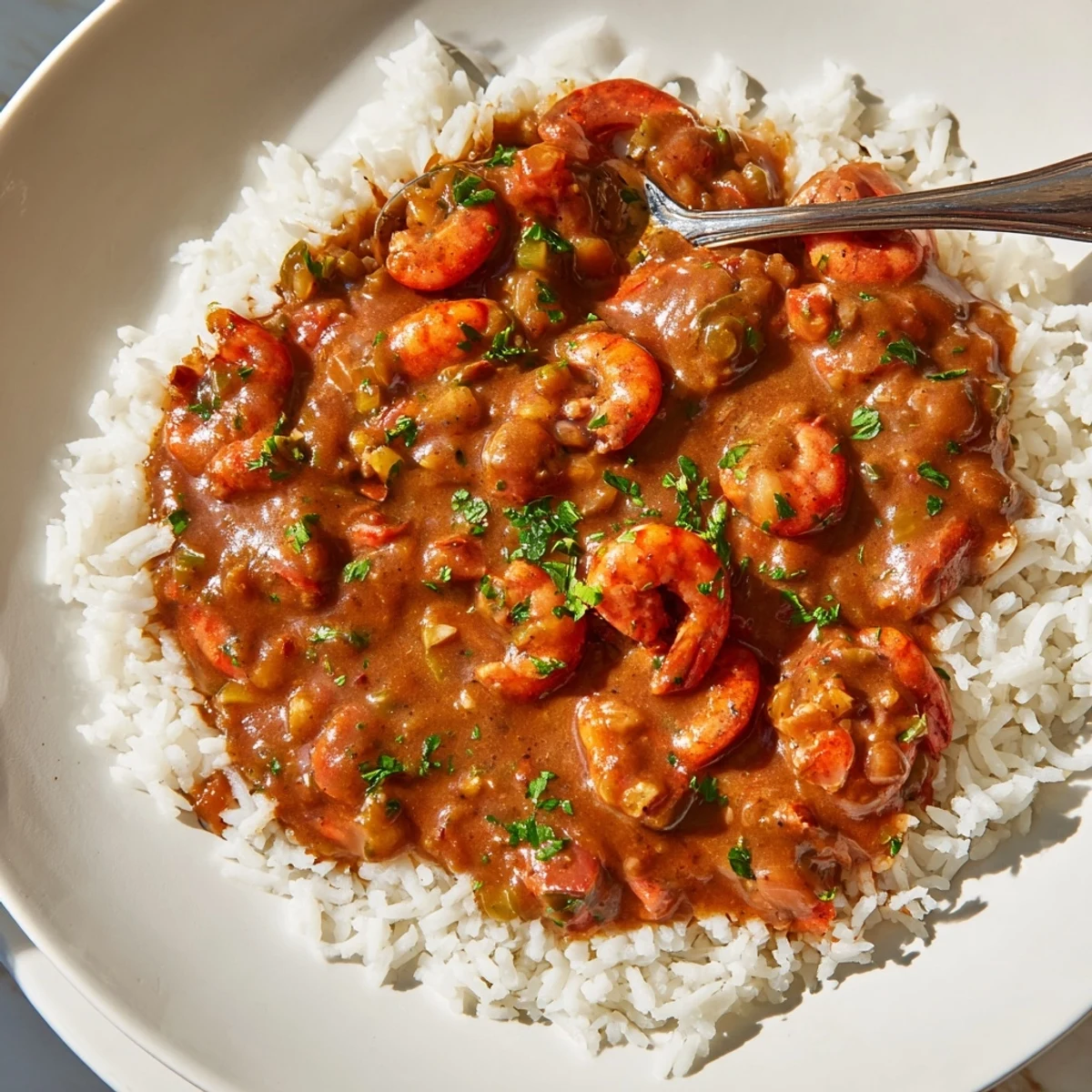 Fluffy steamed rice topped with rich, reddish-brown crawfish étouffée, garnished with fresh parsley and green onions.