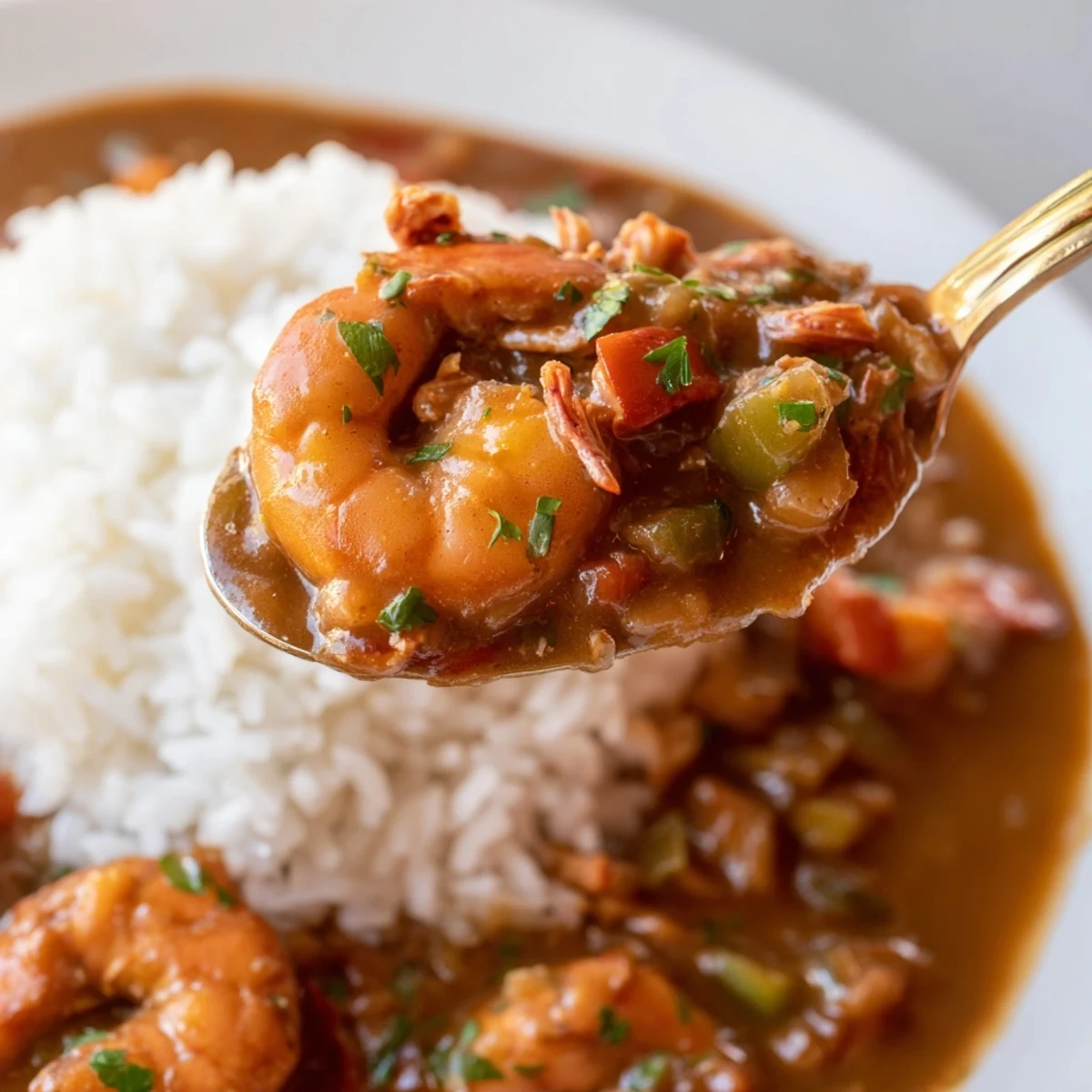 A serving of Louisiana crawfish étouffée ladled over white rice, with visible onions and peppers in the roux.