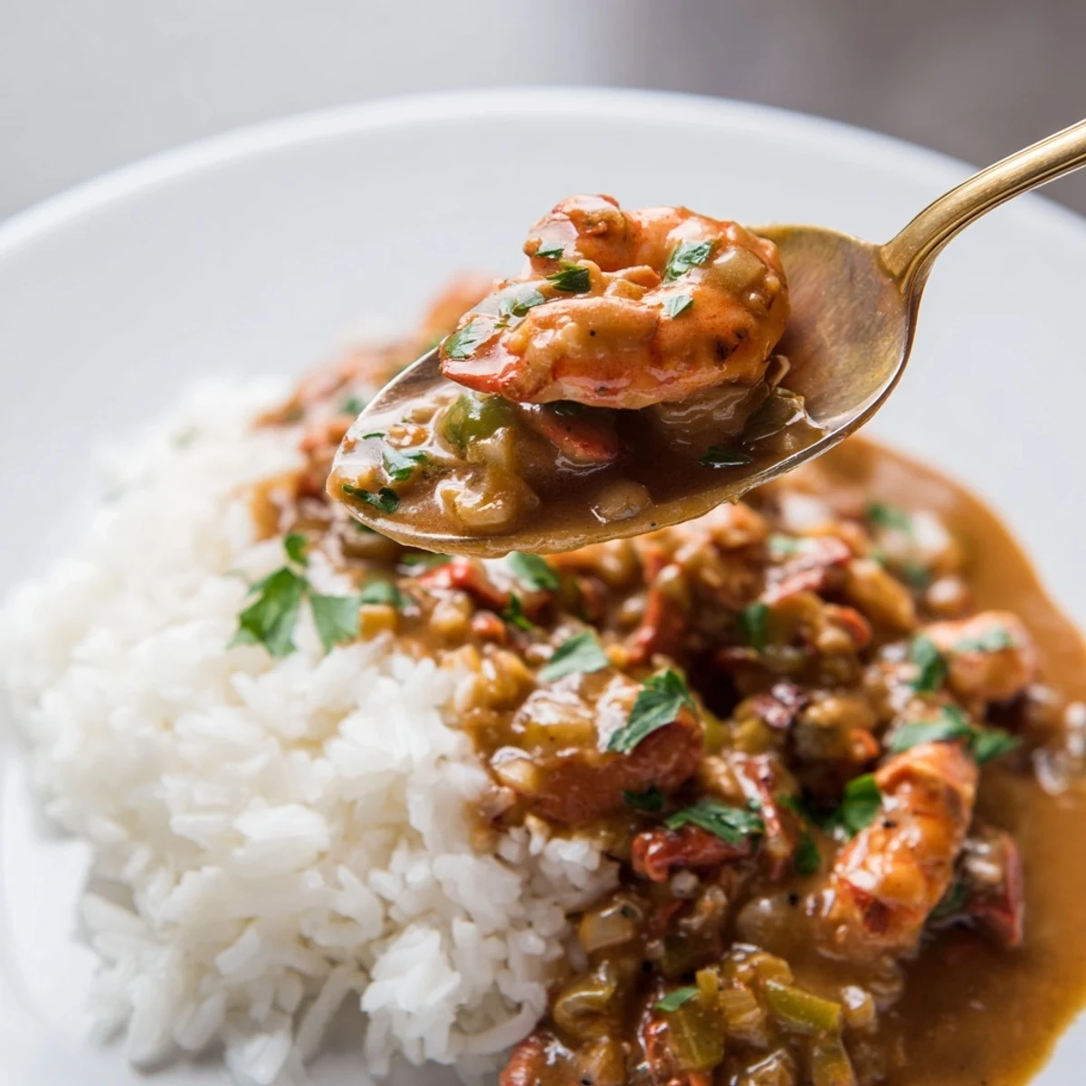 Classic Creole crawfish étouffée served over white rice, garnished with green onions and fresh parsley sprigs.