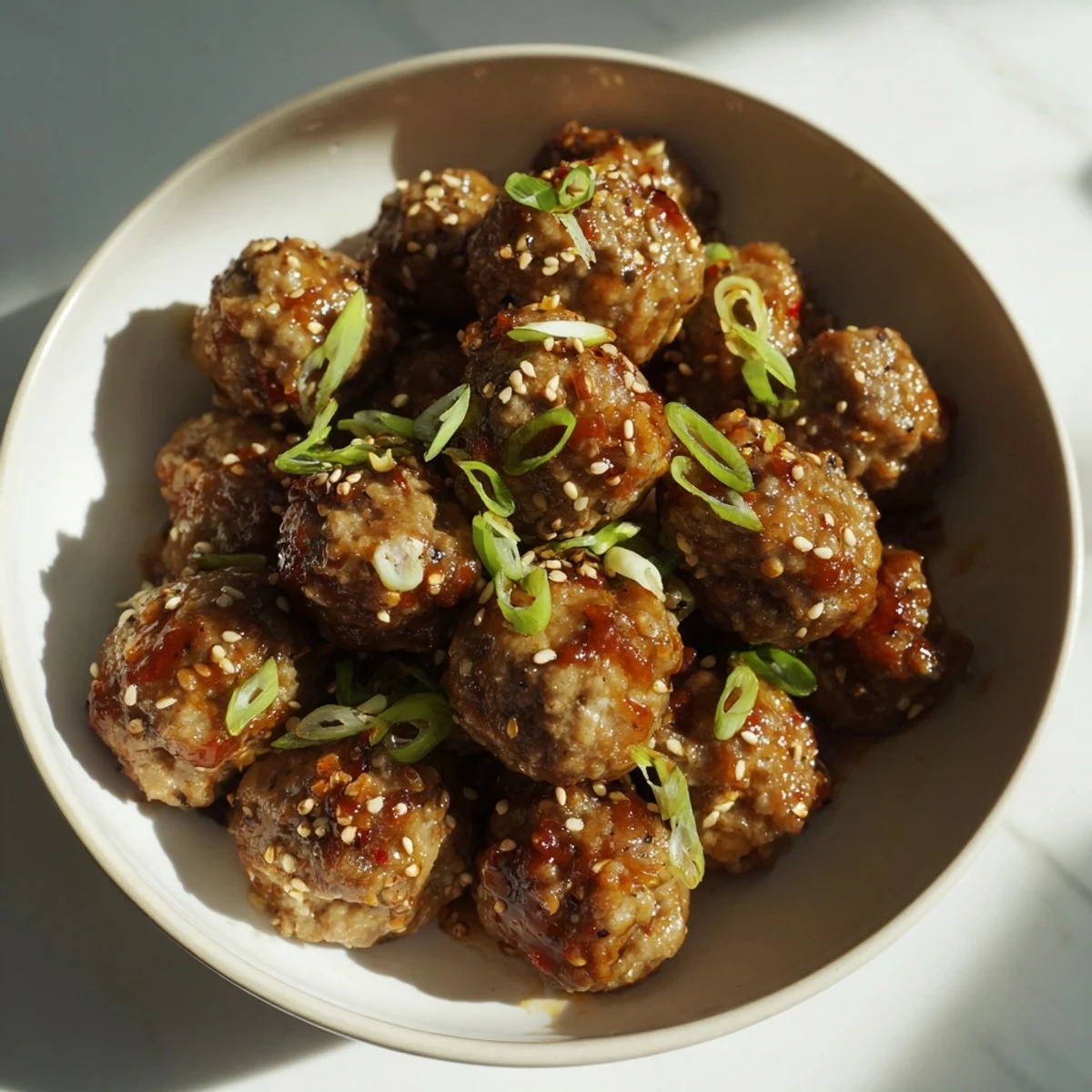 Glossy spicy Sriracha beef meatballs glistening with glaze, topped with toasted sesame seeds and fresh green onions on a platter.
