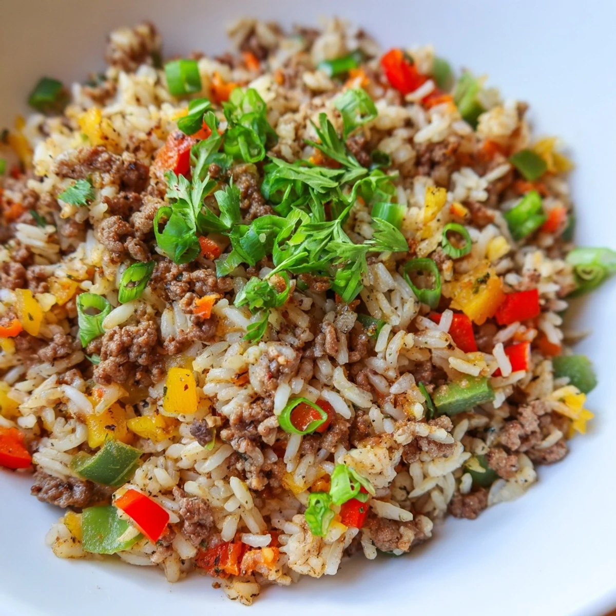 Colorful bowls of Cajun Dirty Rice with Ground Beef and Peppers, featuring tender meat and vibrant bell peppers on a rustic table.
