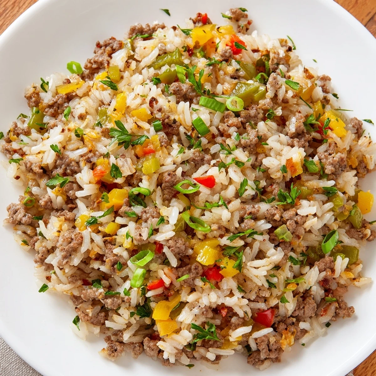 Close-up shot of Cajun Dirty Rice with Ground Beef and Peppers, highlighting fluffy grains and aromatic spices in a Dutch oven.