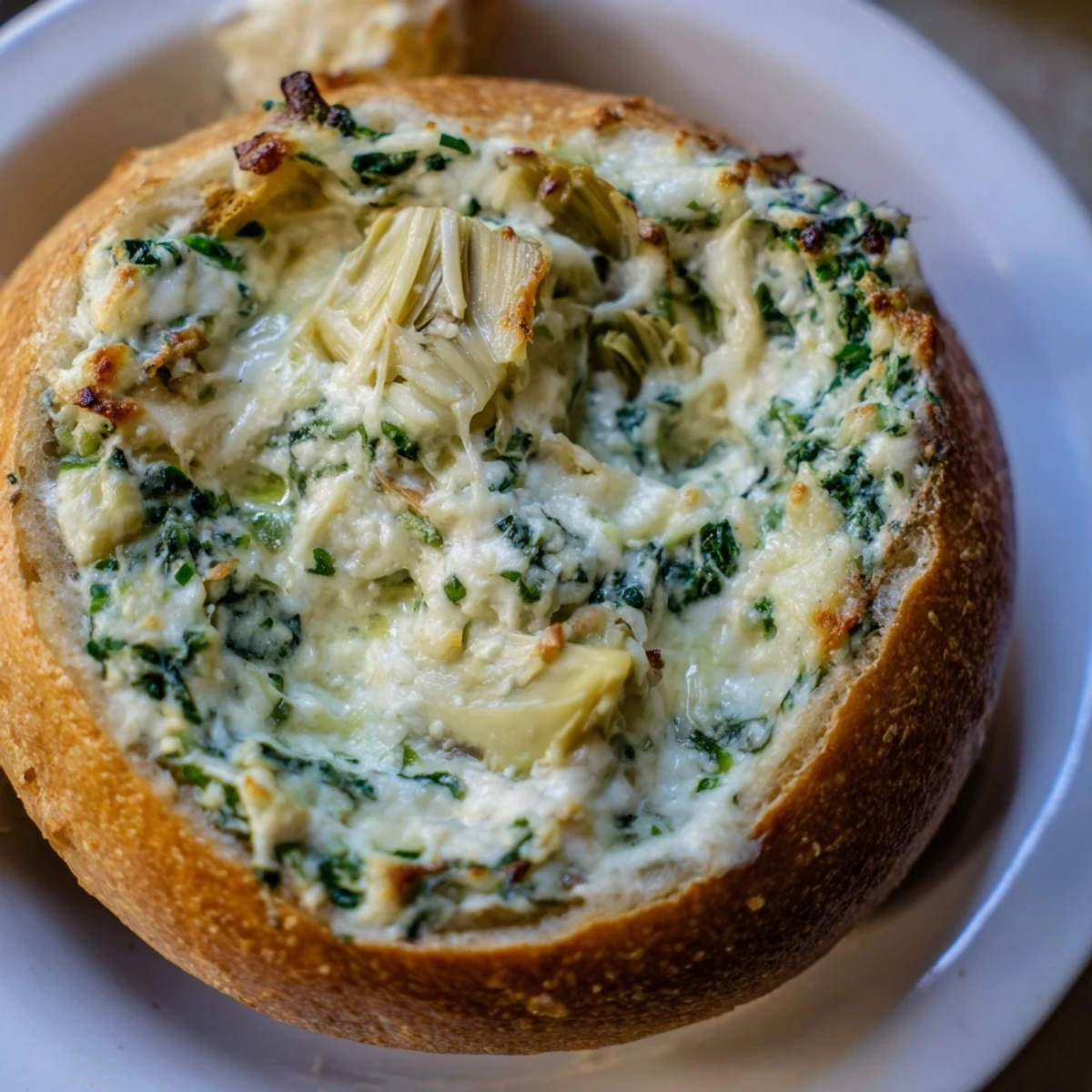 Creamy spinach and artichoke dip steams from a golden, hollowed sourdough bread bowl at a cozy party table.  