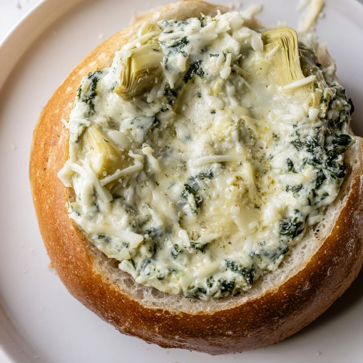 A freshly baked creamy spinach and artichoke dip in a bread bowl, with melty cheese and artichokes, served warm with crusty bread.  