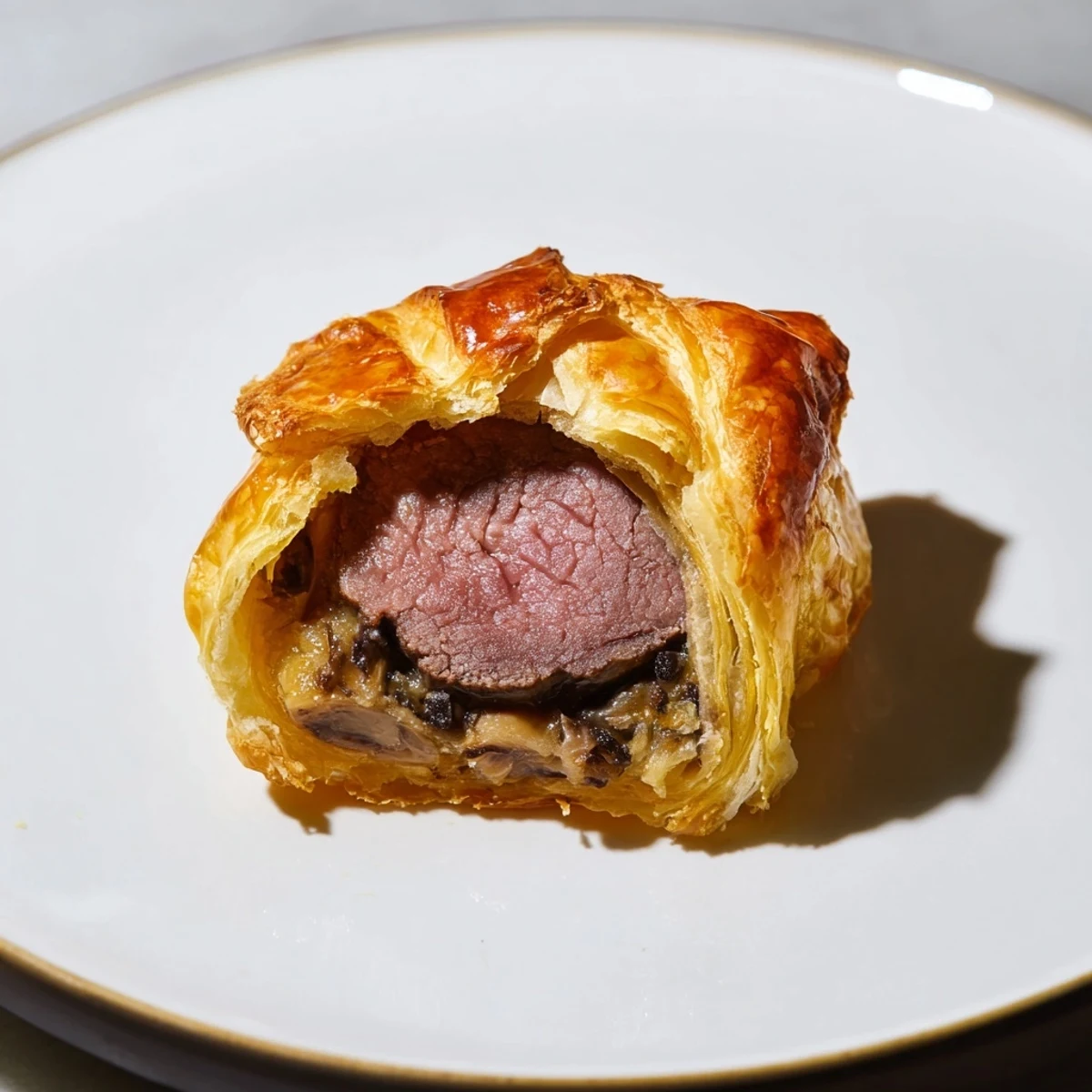 Golden-brown mini beef Wellingtons with flaky pastry, mushroom duxelles, and prosciutto layers arranged on a rustic serving platter.