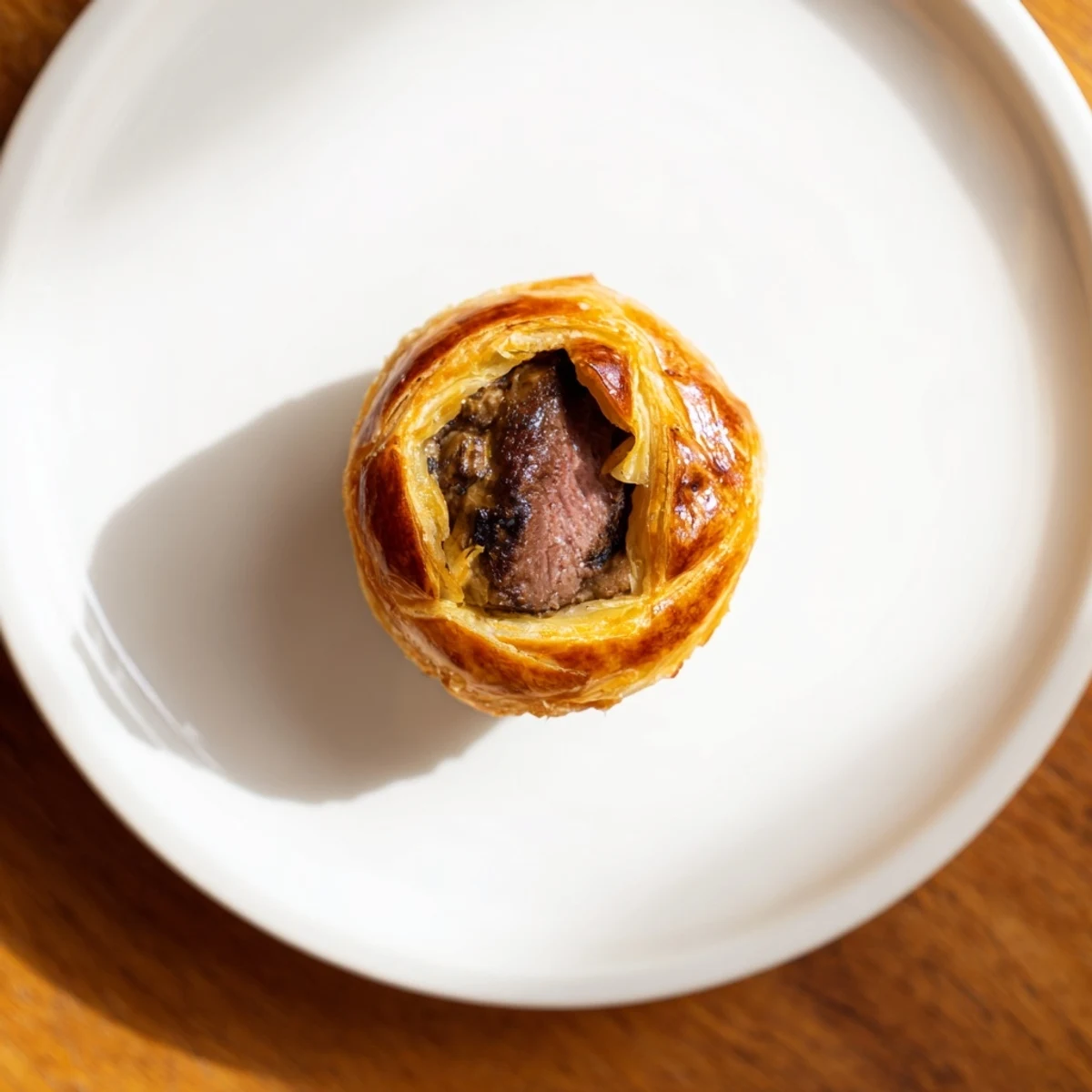 Golden mini beef Wellingtons with mushroom duxelles, served on a wooden board with herbs for a special occasion meal.
