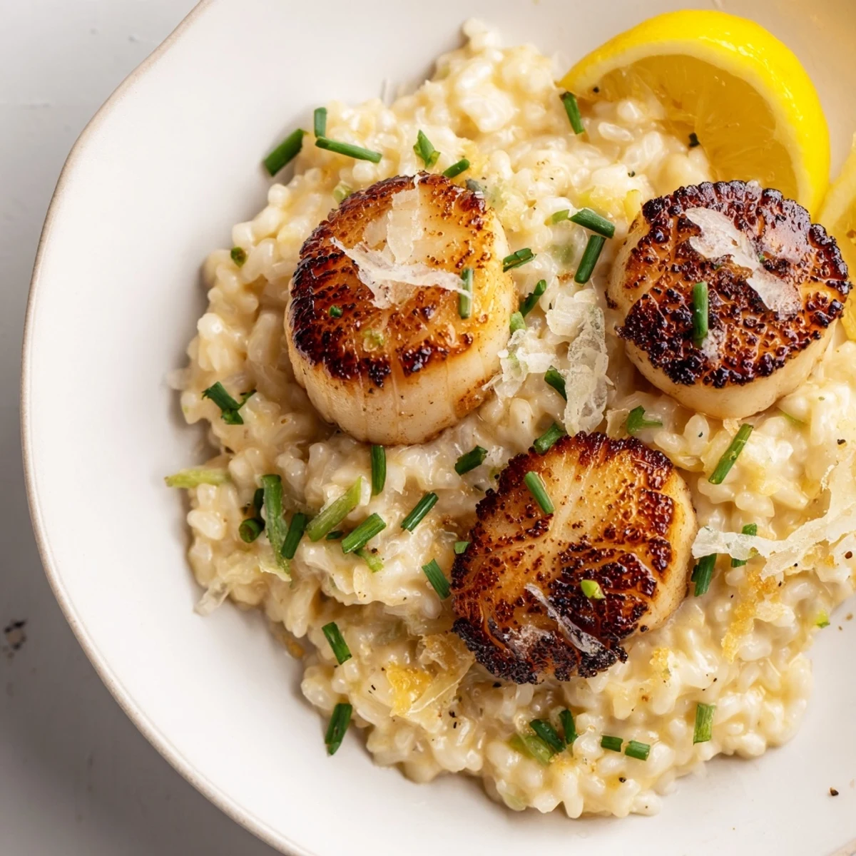 Pan Seared Scallops with Lemon Butter Risotto plated elegantly, showcasing tender seafood and zesty, buttery rice for a dinner party.  