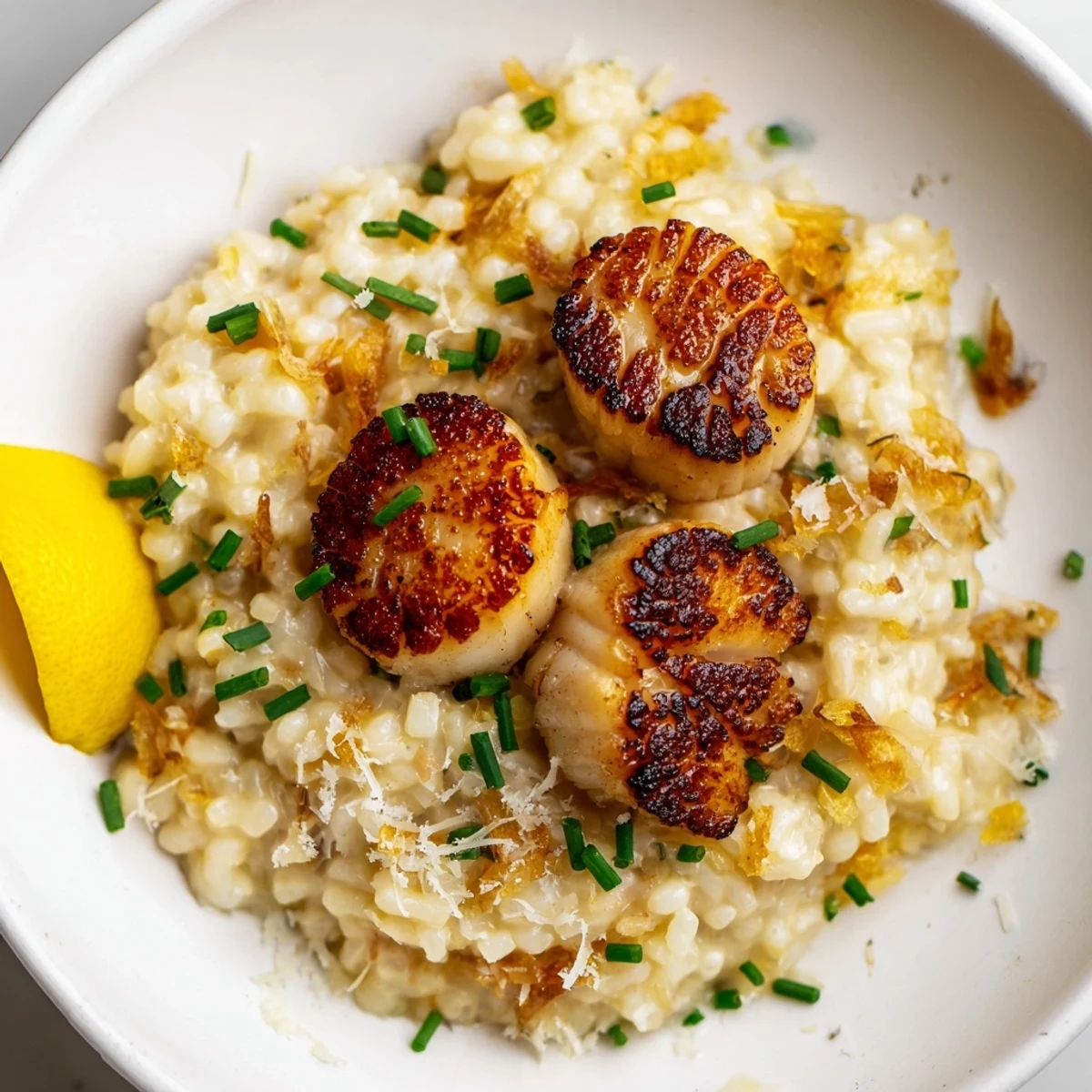 Golden-brown, succulent scallops resting on creamy lemon butter risotto, garnished with fresh chives and a lemon wedge.  