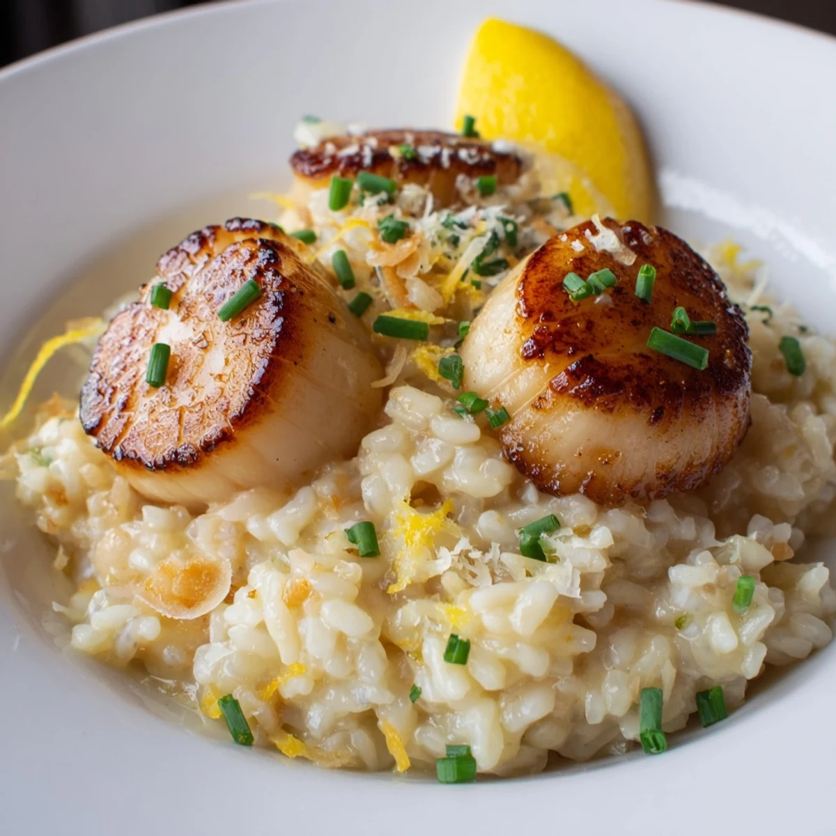 A close-up of Pan Seared Scallops with Lemon Butter Risotto, highlighting the seared crust and vibrant, citrusy risotto texture.