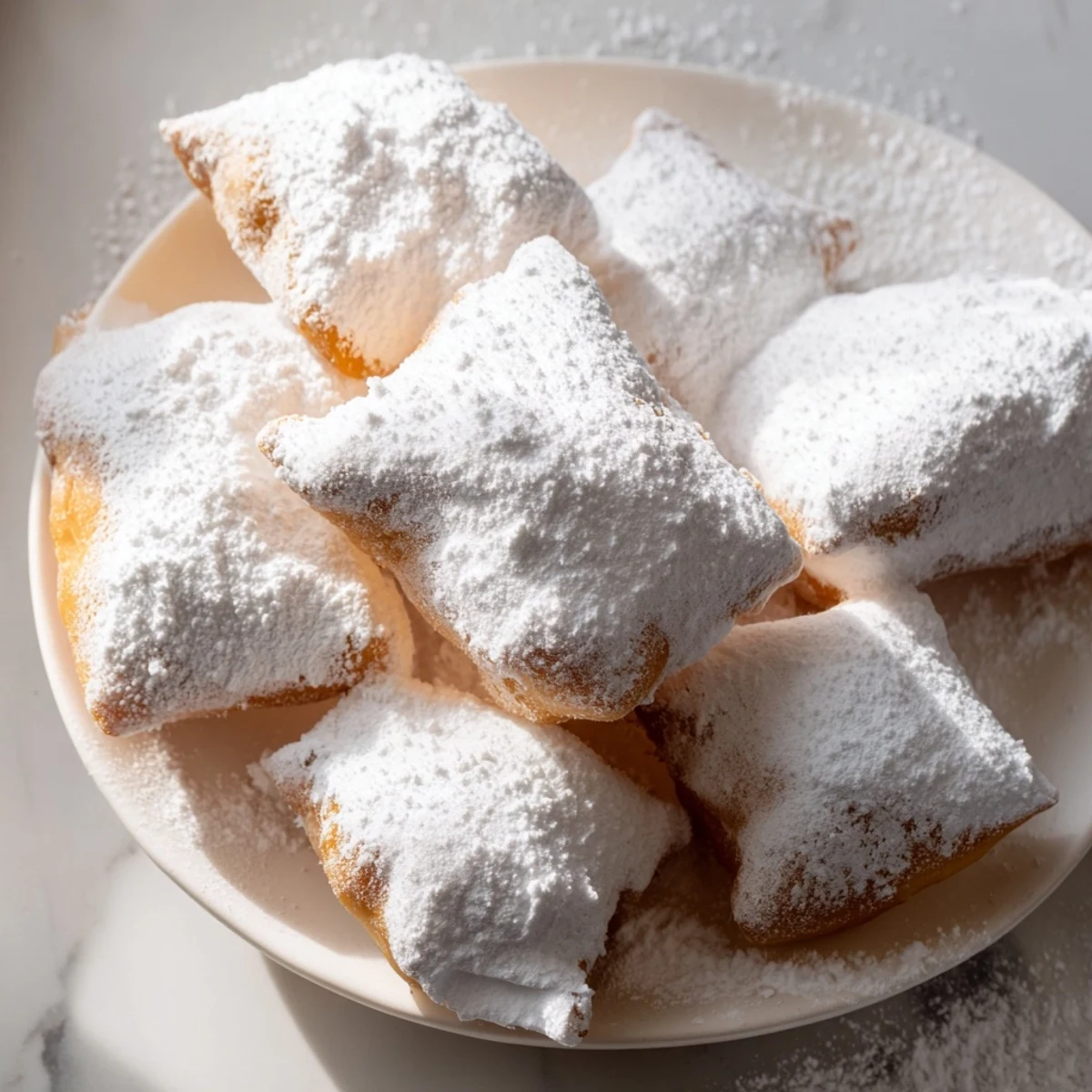 Golden-brown New Orleans style beignets, pillowy fried dough squares, heavily dusted with powdered sugar on a plate.