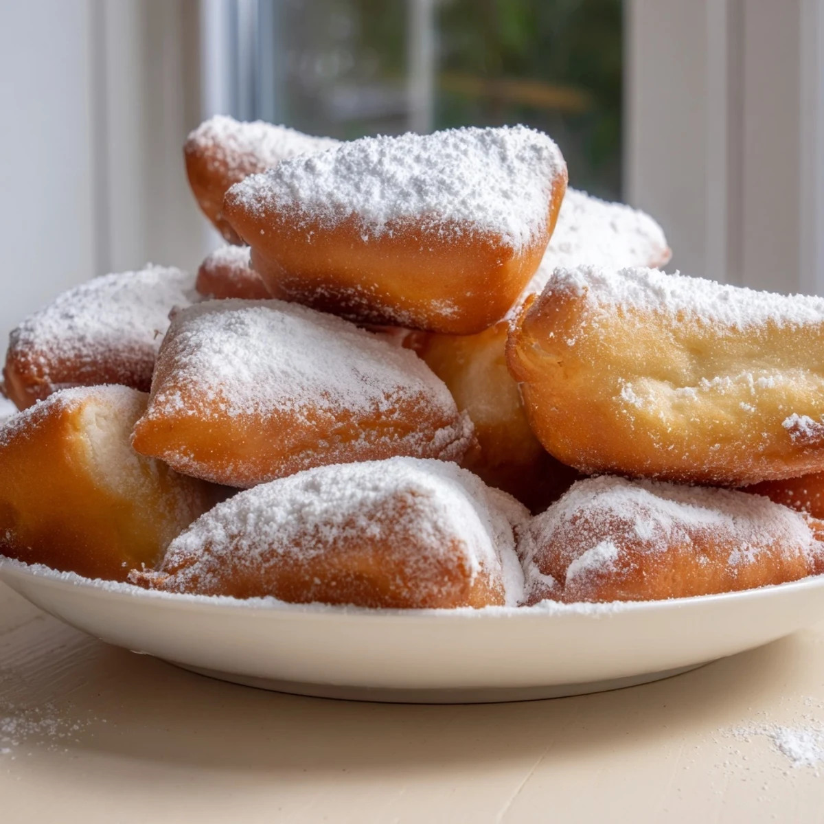 Classic New Orleans style beignets, golden fried dough squares piled high and dusted with sweet powdered sugar.