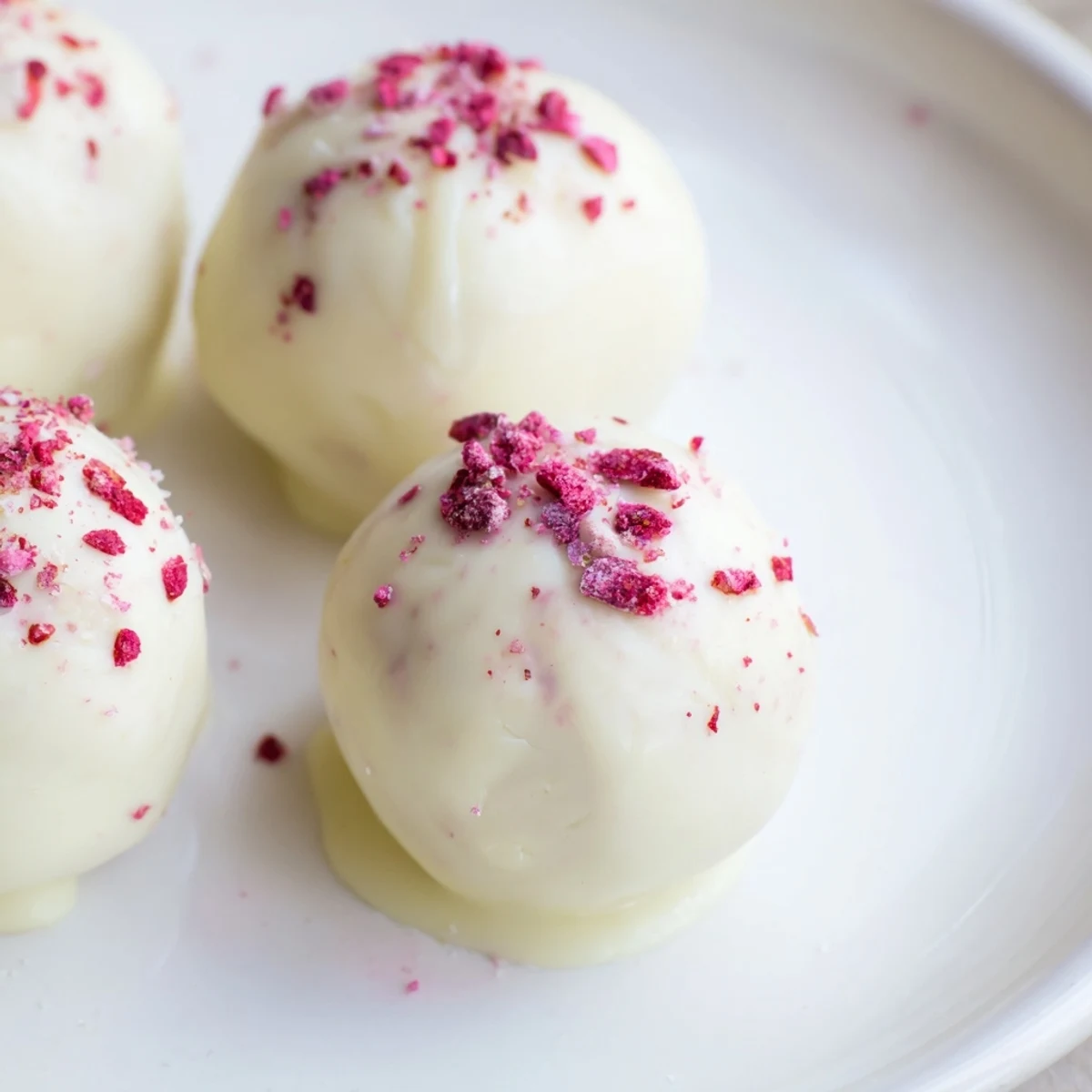 Festive White Chocolate Raspberry Truffles with a textured coating of crushed freeze-dried raspberries.