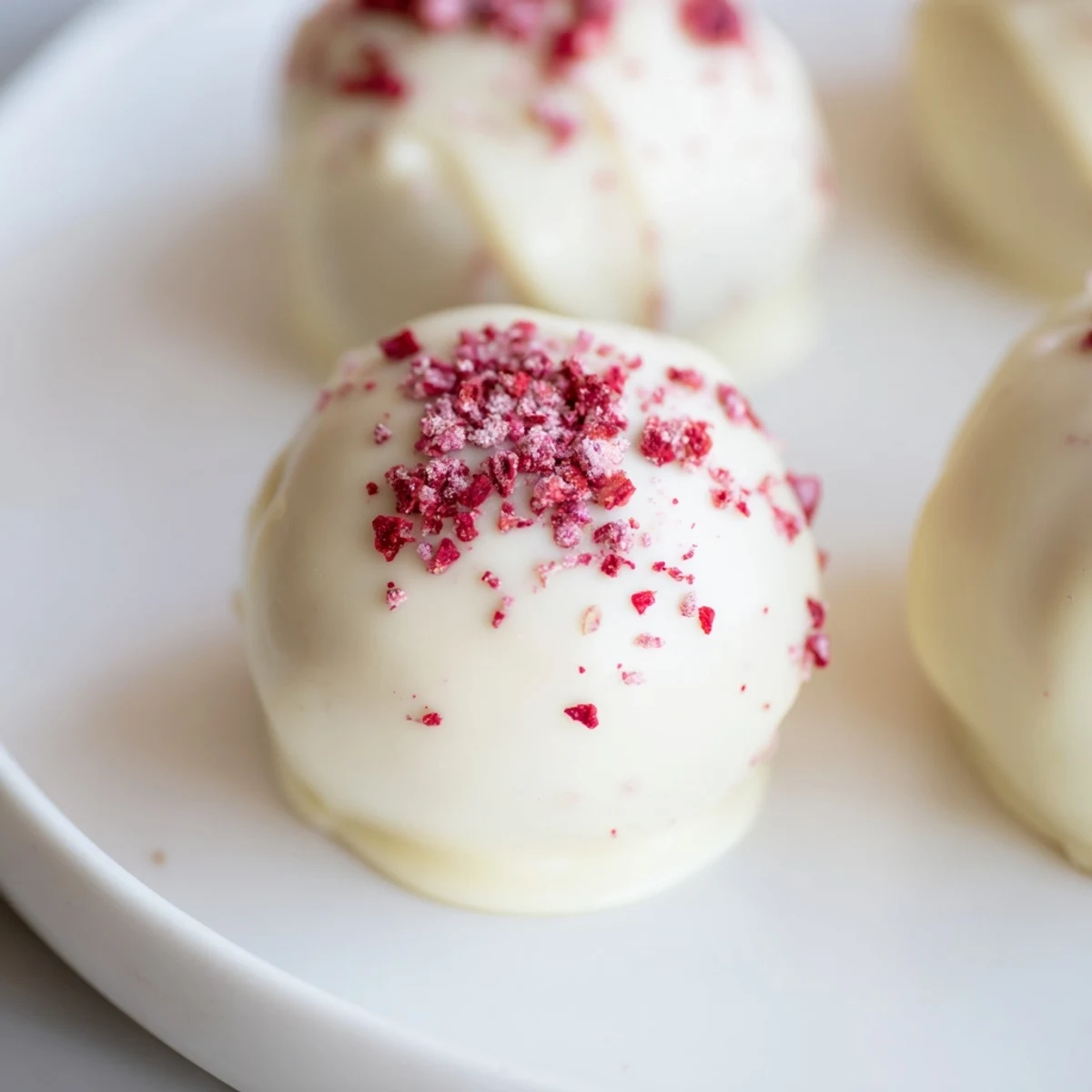 Smooth white chocolate truffles with a vibrant raspberry swirl, ready for serving on a dessert platter.