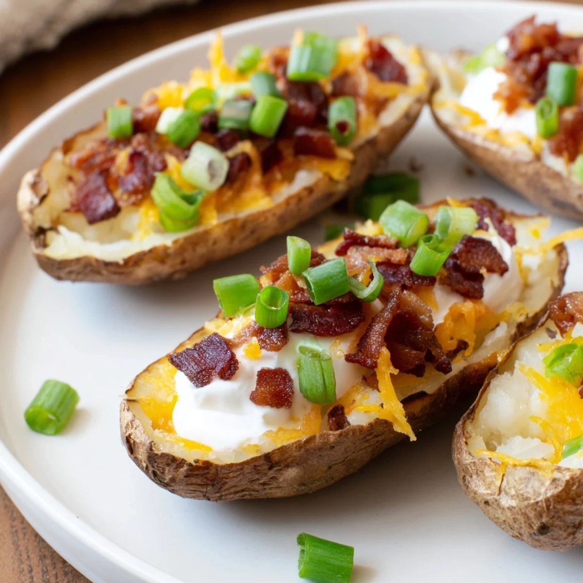Crispy Loaded Potato Skins with Cheddar and Beef Bacon, topped with melted cheese, savory beef bacon, and a dollop of sour cream.