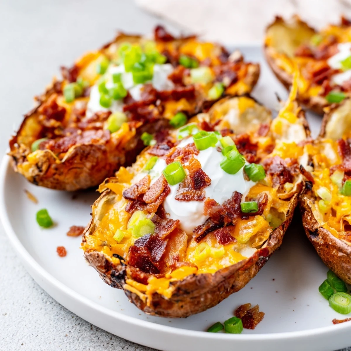 A close-up of golden Loaded Potato Skins with Cheddar and Beef Bacon, garnished with fresh scallions and ready for a game-day snack.