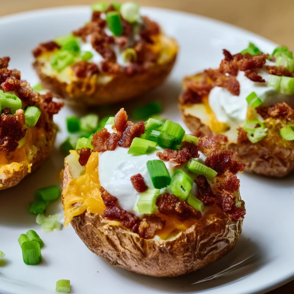 Hearty Loaded Potato Skins with Cheddar and Beef Bacon served warm, with melted cheddar and sour cream on a rustic platter.