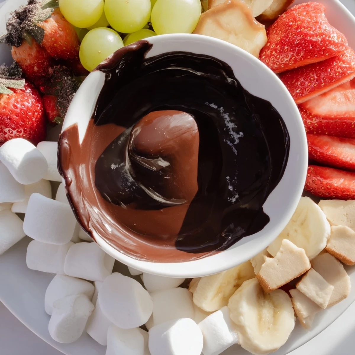 Cozy romantic dessert platter with fruit and marshmallows beside a simmering pot of chocolate fondue.