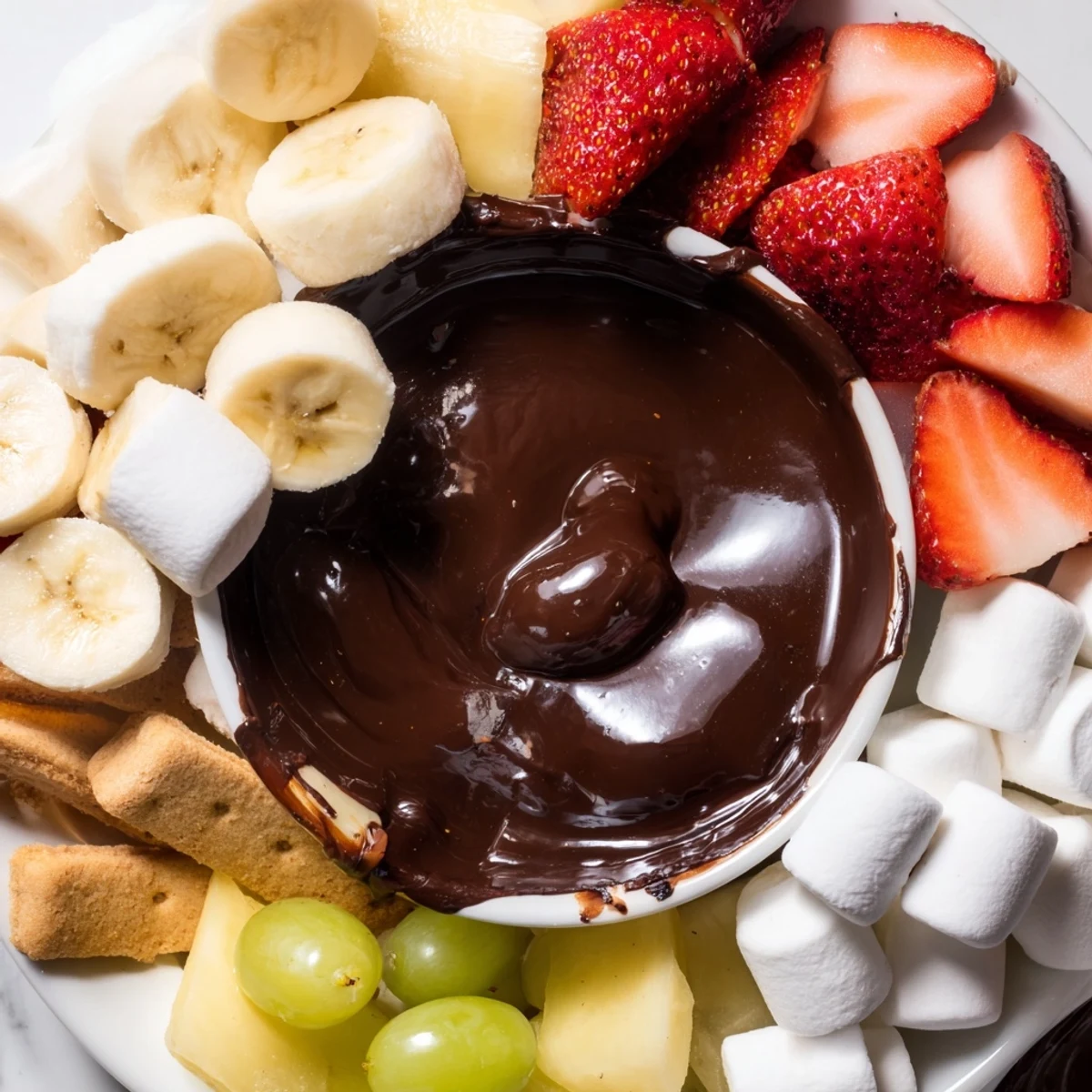 Melted chocolate fondue in a warm pot, ready for dipping apple slices, grapes, and sweet strawberries.