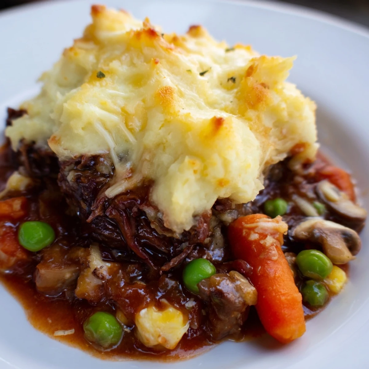 A close-up of Shepherd’s Pie with braised lamb and vegetables beneath a golden, buttery mashed potato topping, baked until bubbling.  